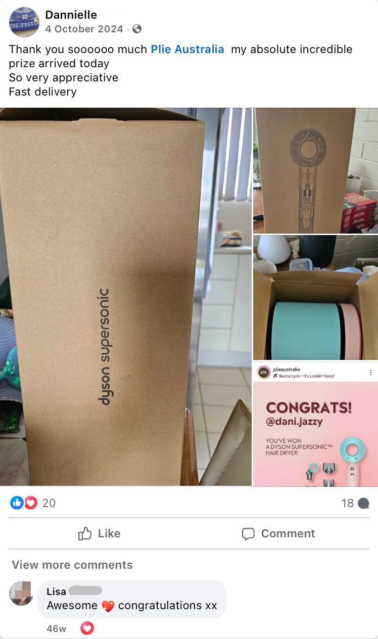 Dyson Supersonic hair dryer packaging with a social media post overlay